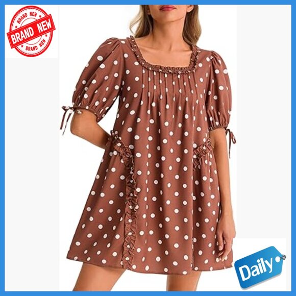 Dresses & Skirts - Babydoll Mini Dress with Pockets, Polka Dot, Square Neck, Short Sleeve